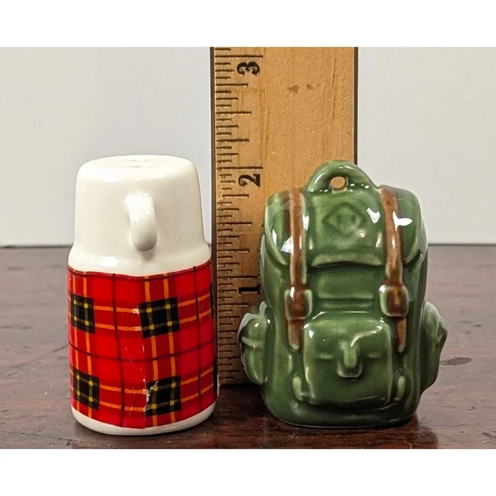 Camping Coffee Mug & Hiking Backpack Ceramic Salt & Pepper Shakers Pair Novelty